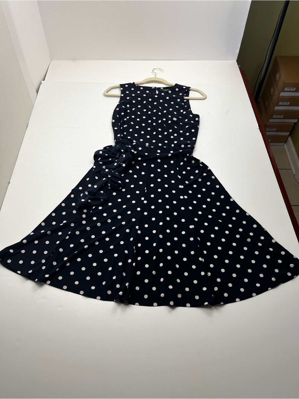 Lauren Ralph Lauren Navy Blue White Polka Dot Dress Sleeveless Size 6 TINY FLAW
